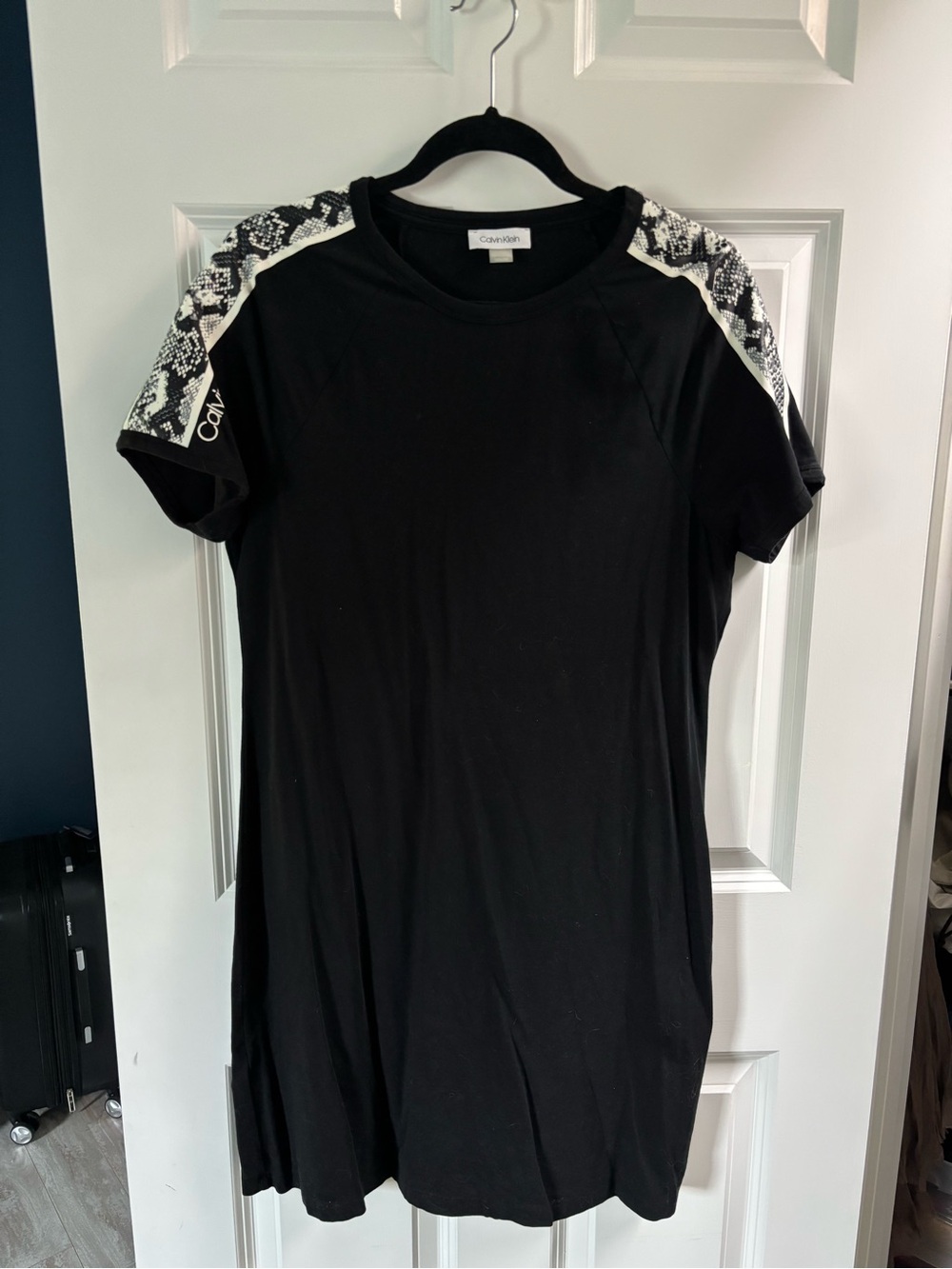 Calvin Klein Black Short Sleeve Tee Dress with Snake-Print Shoulder Accents